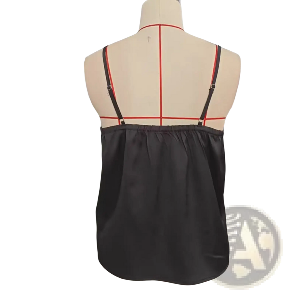 Black lace satin camisole top with thin black straps and red trim showcasing a sleek satin material design