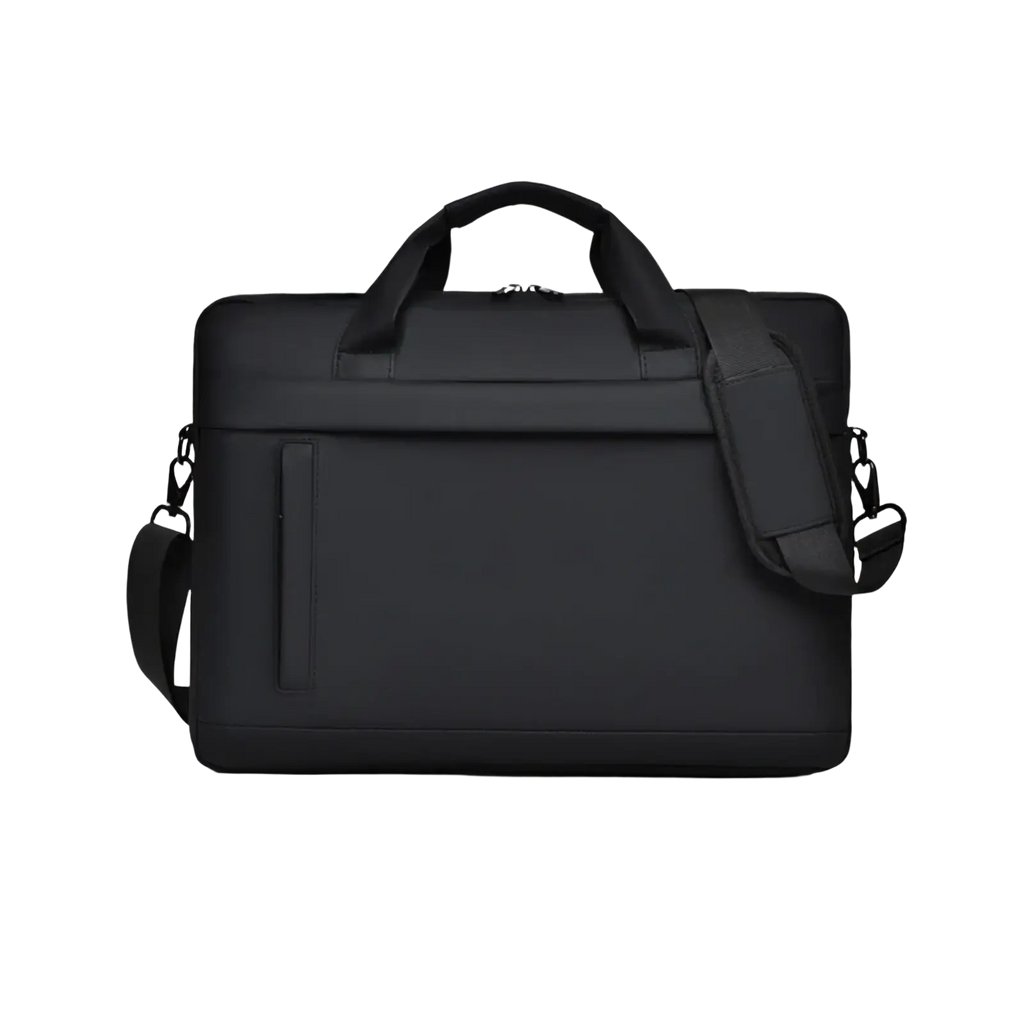 Black laptop tote bag business briefcase with black leather, top handle, and adjustable shoulder strap design
