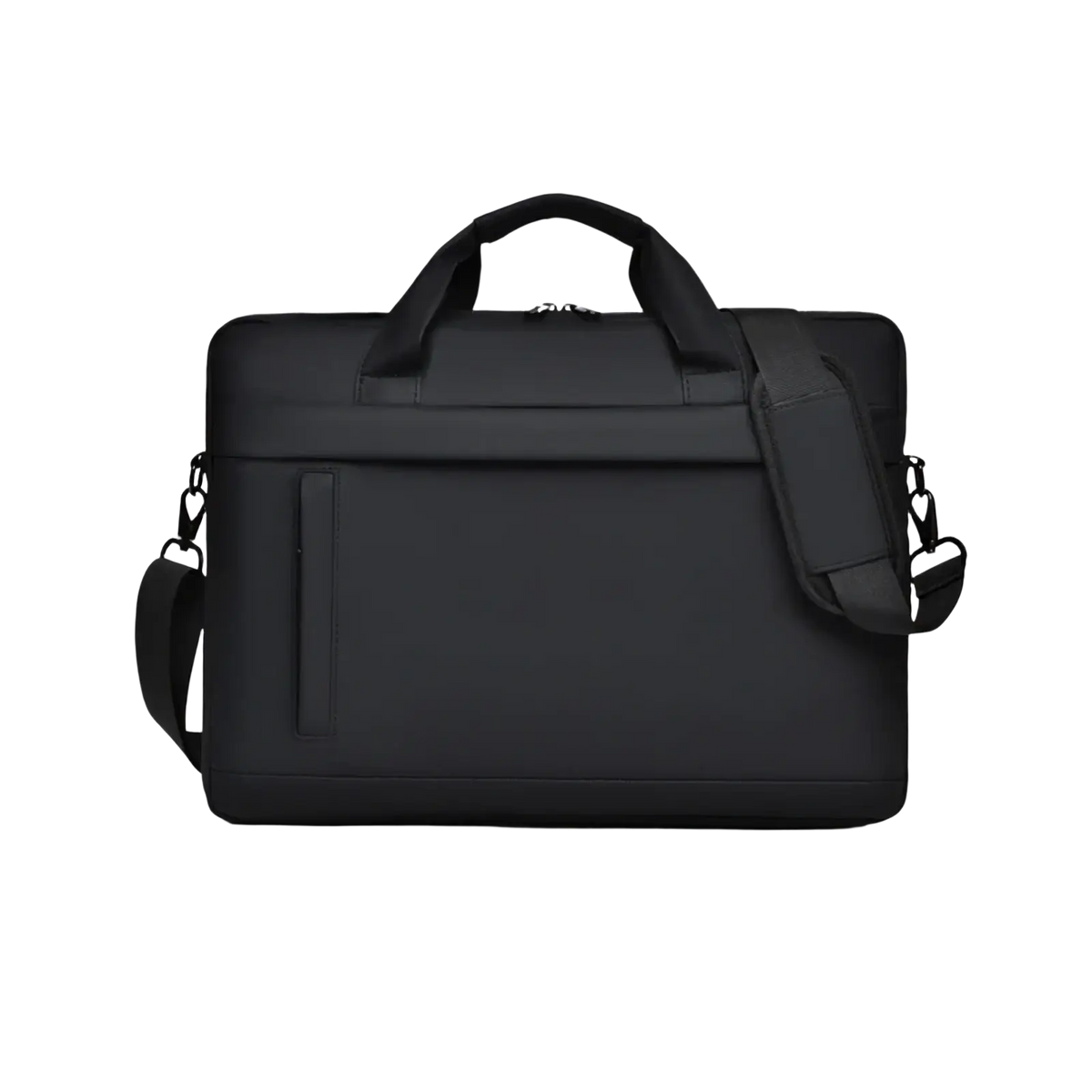 Black laptop tote bag business briefcase with black leather, top handle, and adjustable shoulder strap design