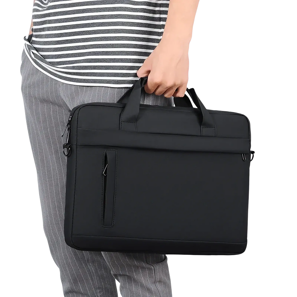 Black laptop tote bag business briefcase with top handle and front zippered pocket in durable material