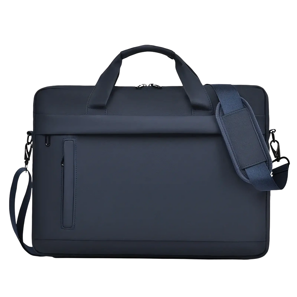 Dark navy blue laptop tote bag business briefcase with sleek minimalist design and adjustable shoulder strap