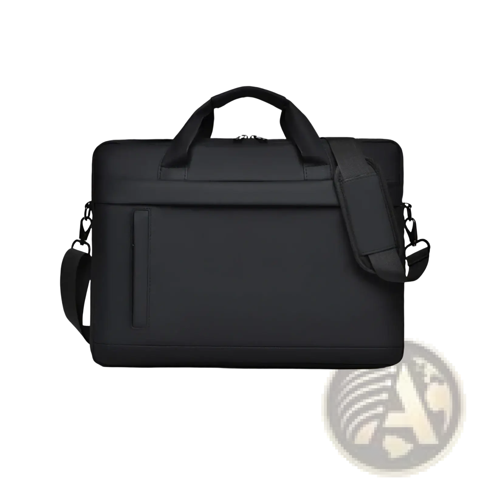 Black laptop tote bag business briefcase with black leather, top handle, and adjustable shoulder strap design