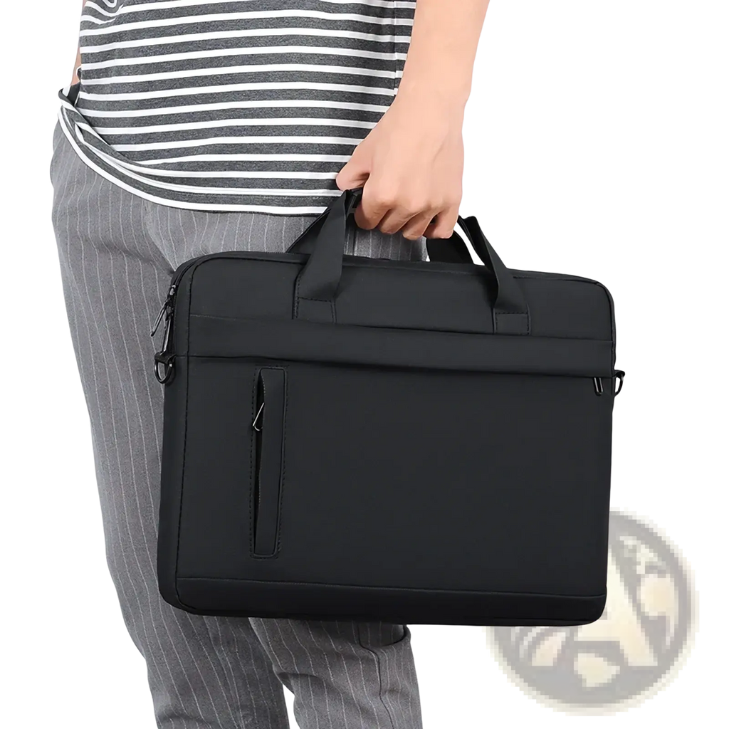 Black laptop tote bag business briefcase with top handle and front zippered pocket in durable material