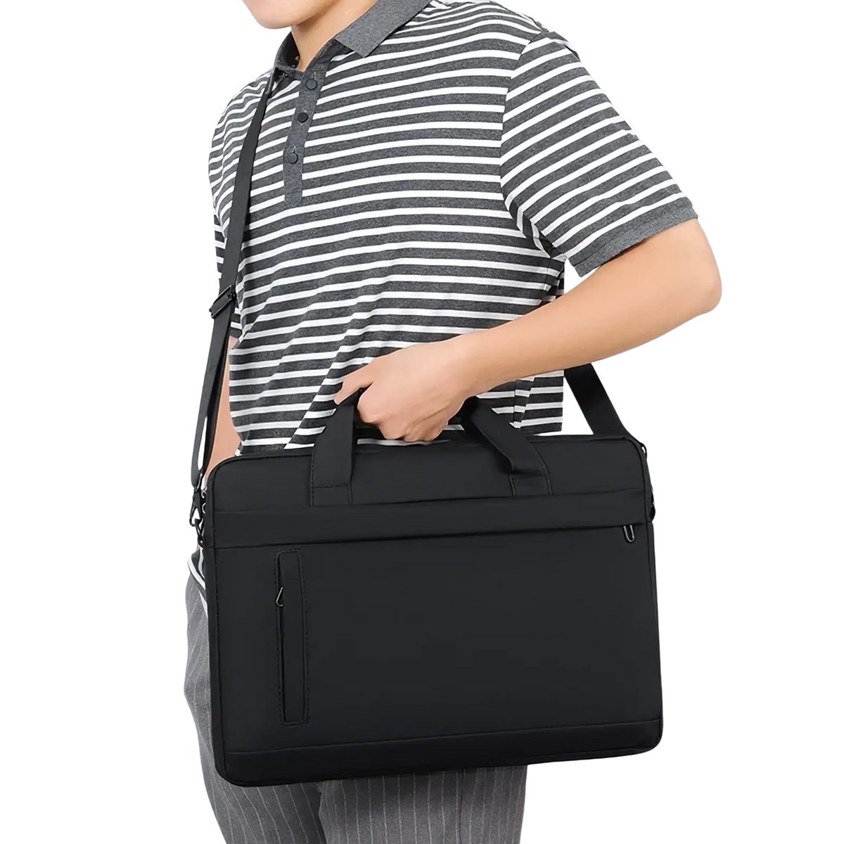 Black laptop tote bag business briefcase made of nylon with top handle and adjustable shoulder strap for work use