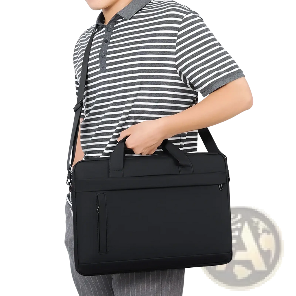 Black laptop tote bag business briefcase made of nylon with top handle and adjustable shoulder strap for work use