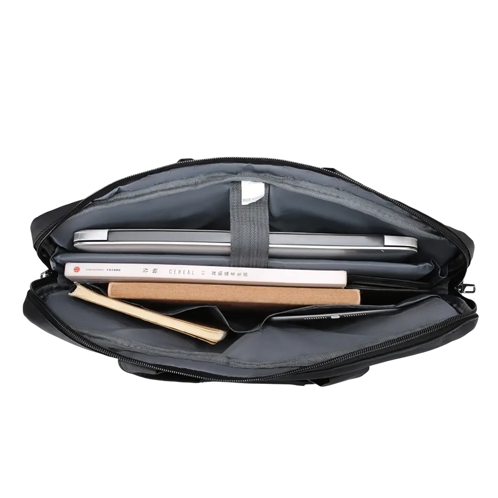 Black laptop tote bag business briefcase with a slim black laptop sleeve and gray interior for secure storage of books