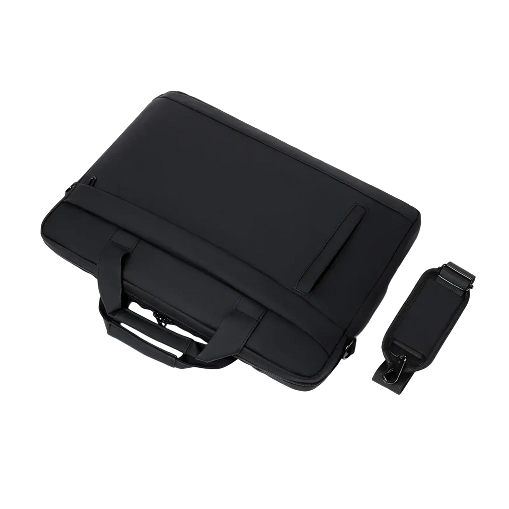 Black laptop tote bag business briefcase with a sleek minimalist design and matching detachable shoulder strap