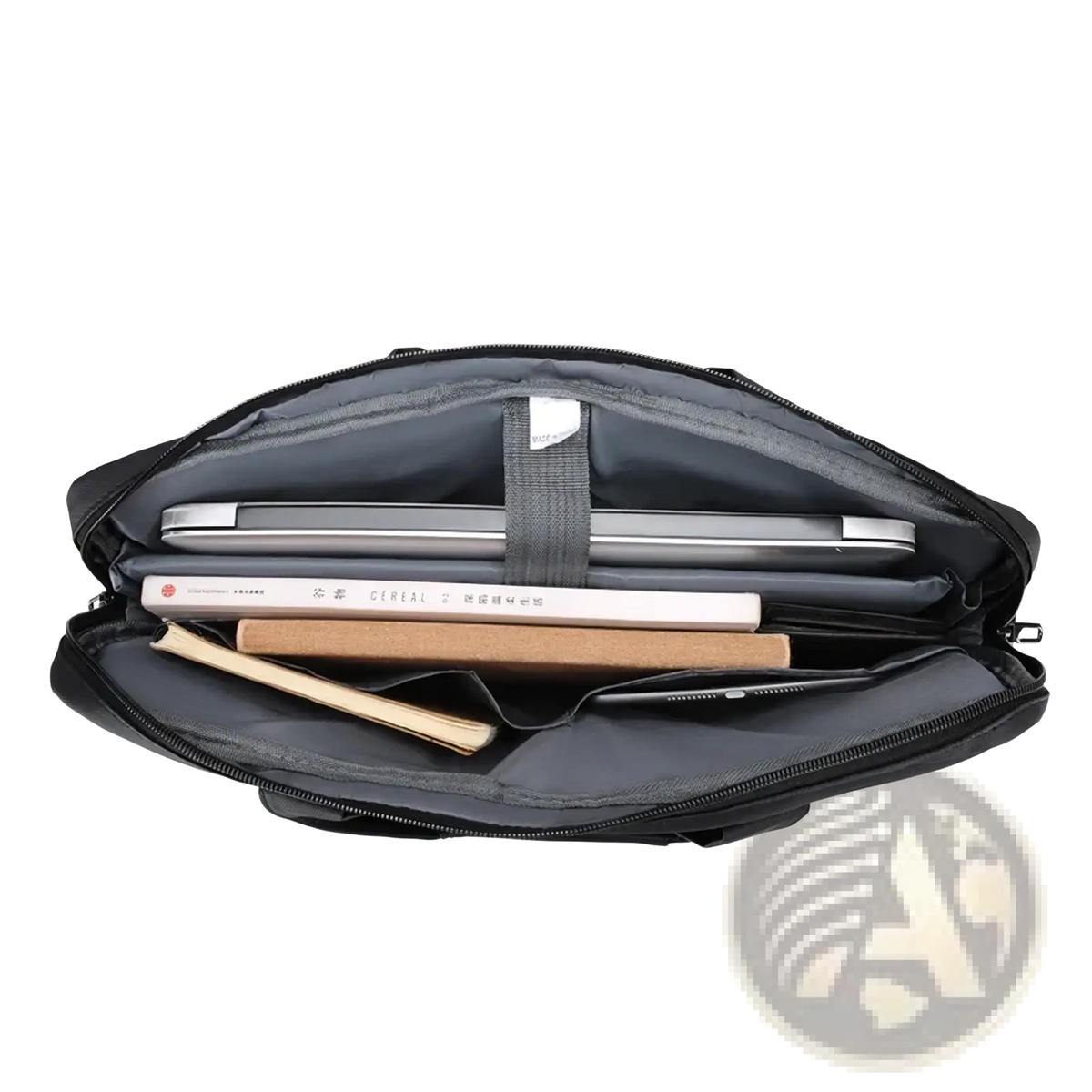 Black laptop tote bag business briefcase with a slim black laptop sleeve and gray interior for secure storage of books