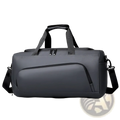 Black large capacity gym duffel bag in dark gray with reinforced handles and detachable shoulder strap for durability
