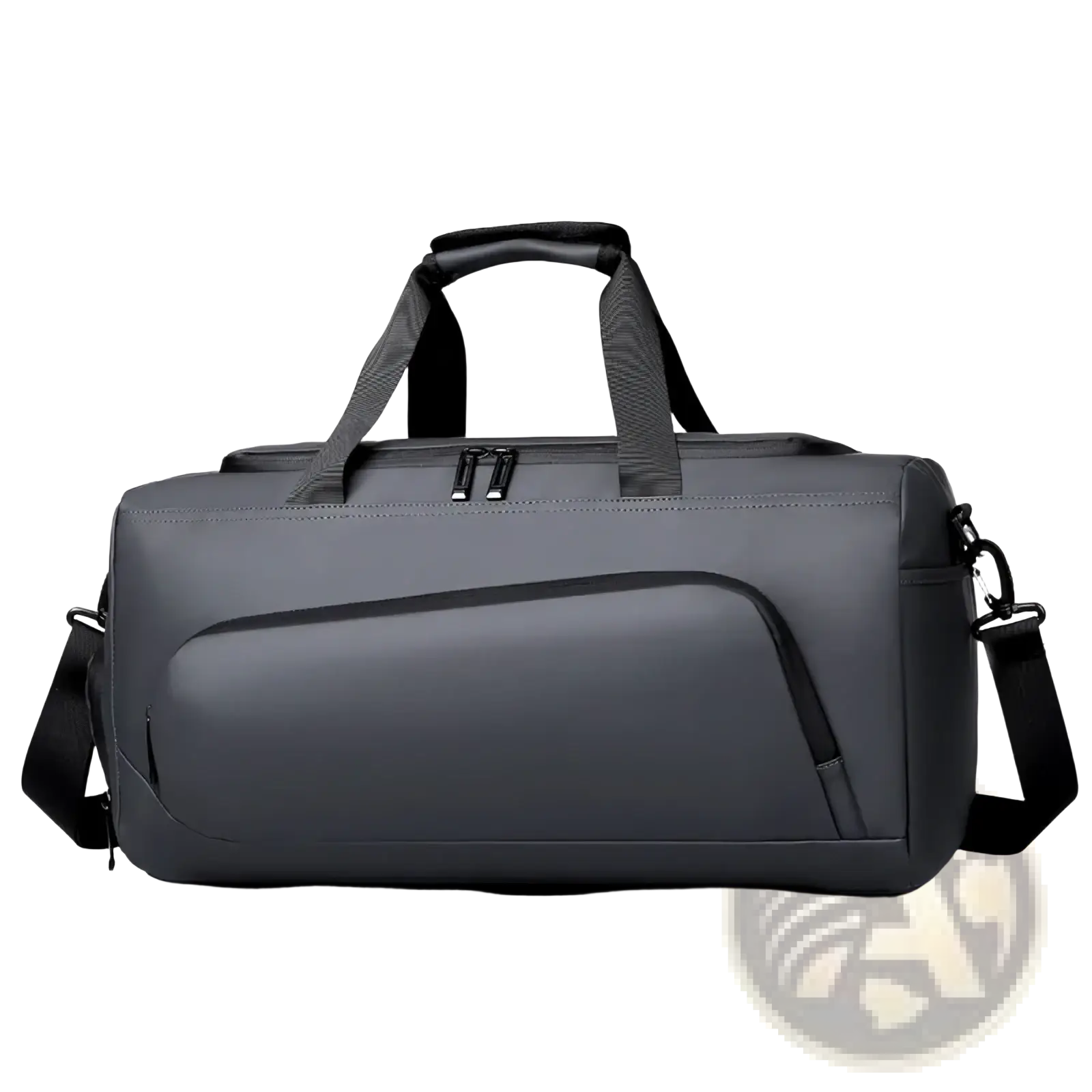 Black large capacity gym duffel bag in dark gray with reinforced handles and detachable shoulder strap for durability