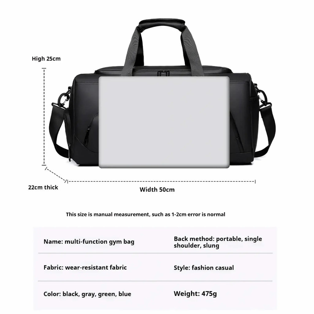 Black large capacity gym duffel bag with shoe storage made of durable wear resistant fabric and adjustable straps