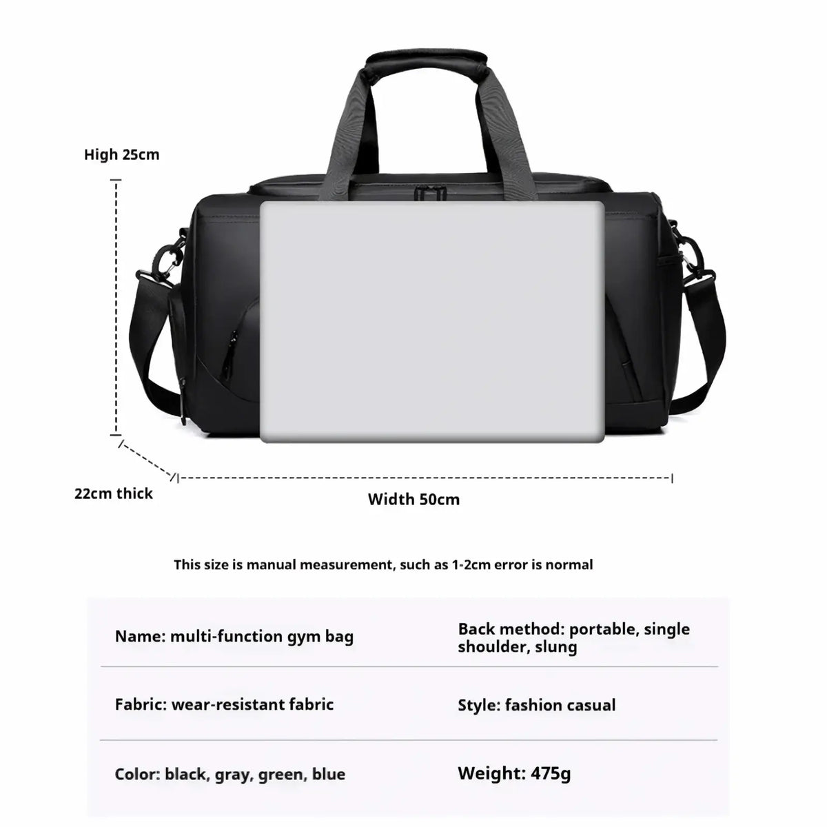 Black large capacity gym duffel bag with shoe storage made of durable wear resistant fabric and adjustable straps