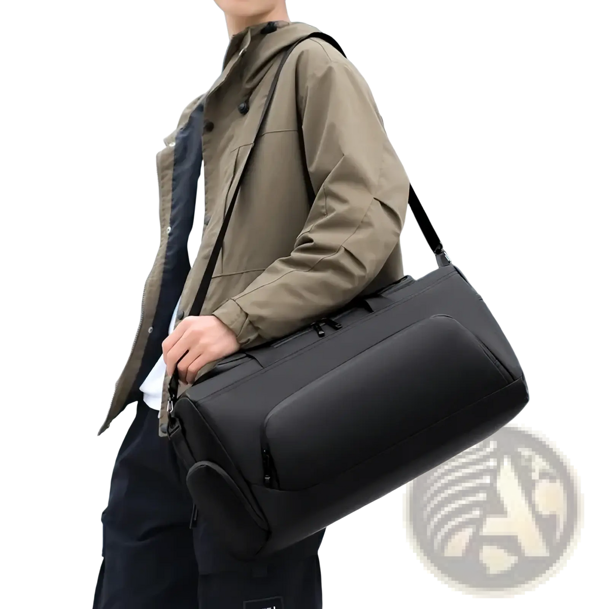 Black large capacity nylon gym duffel bag with adjustable shoulder strap multiple zipper compartments and shoe storage