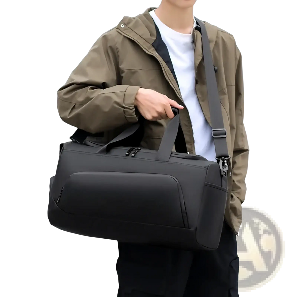Black large capacity gym duffel bag made of nylon with adjustable shoulder strap and top handle including shoe storage
