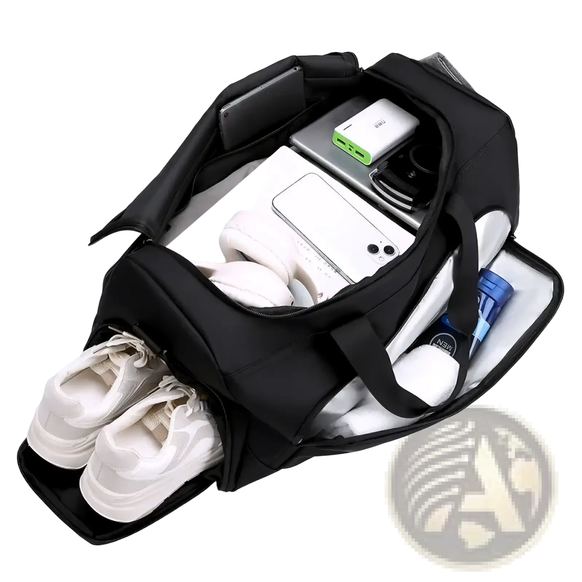 Black large capacity gym duffel bag made of nylon with multiple compartments and padded handles for shoe storage