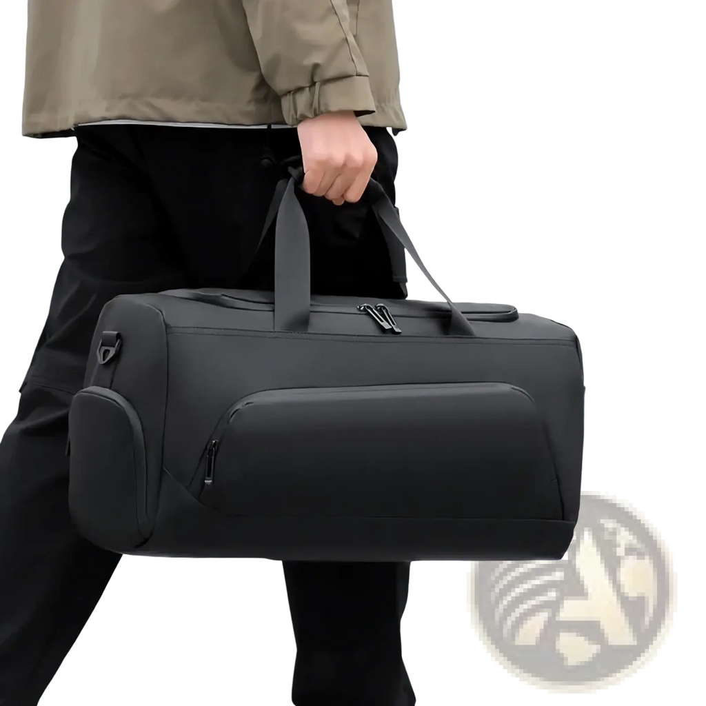 Black large capacity gym duffel bag made of nylon with reinforced handles and multiple zippered compartments