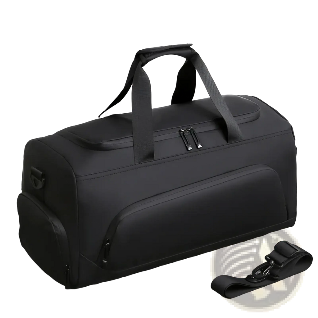 Black large capacity gym duffel bag in nylon with reinforced handles and detachable shoulder strap for easy carrying