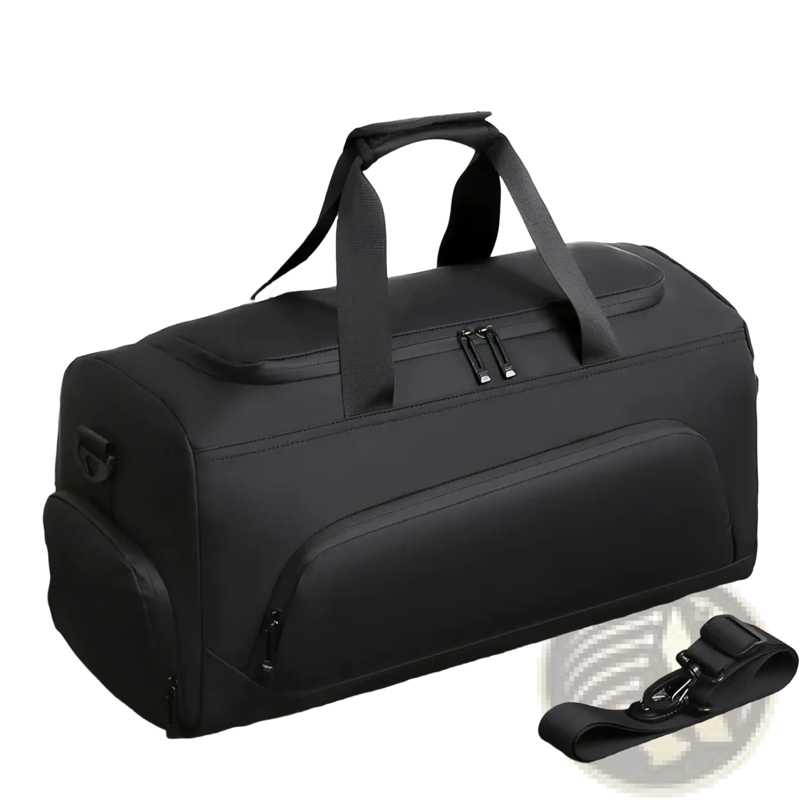 Black large capacity gym duffel bag in nylon with reinforced handles and detachable shoulder strap for easy carrying