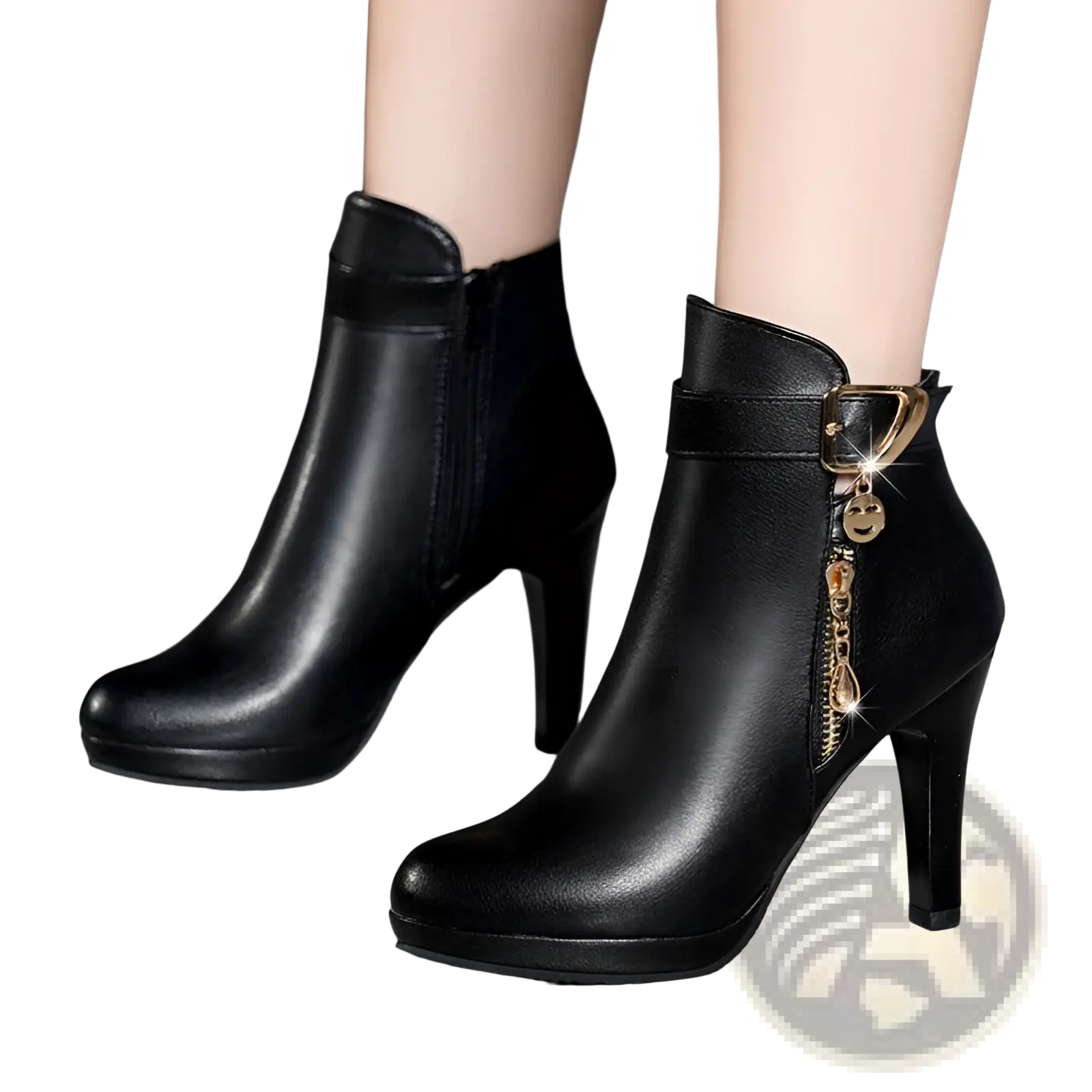 Black leather ankle boots with gold-tone buckle heel and zipper detail for stylish and elegant wear