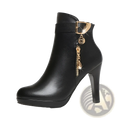 Black leather ankle boots with gold buckle heel featuring a zipper and smiling face charm detail