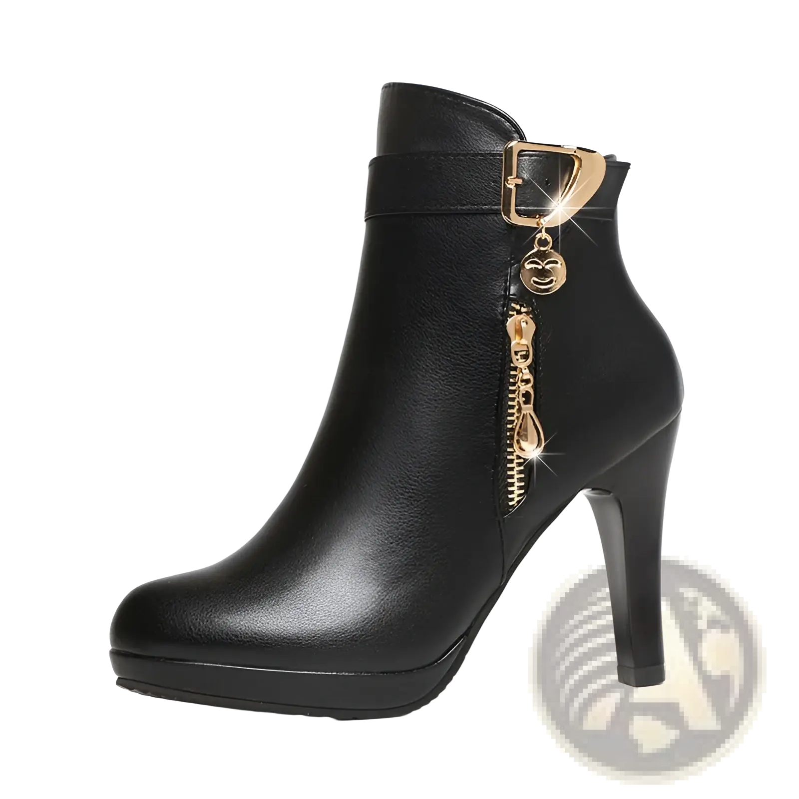 Black leather ankle boots with gold buckle heel featuring a zipper and smiling face charm detail