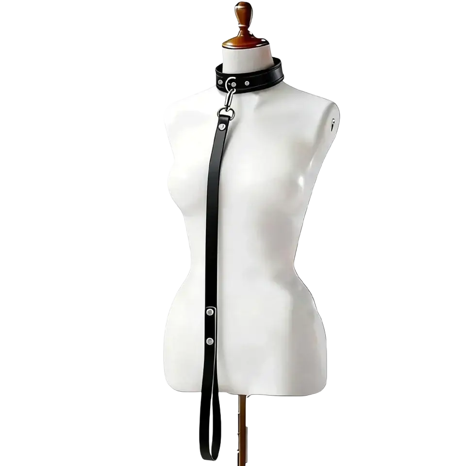 Black leather bondage collar and leash set with silver-toned metal hardware displayed on a mannequin