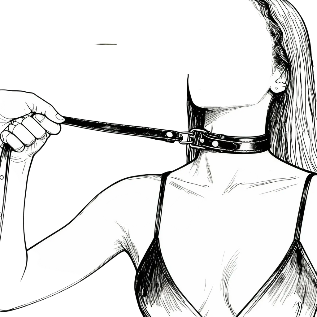Black leather bondage collar and leash set showing adjustable strap and metal clasp on leather choker