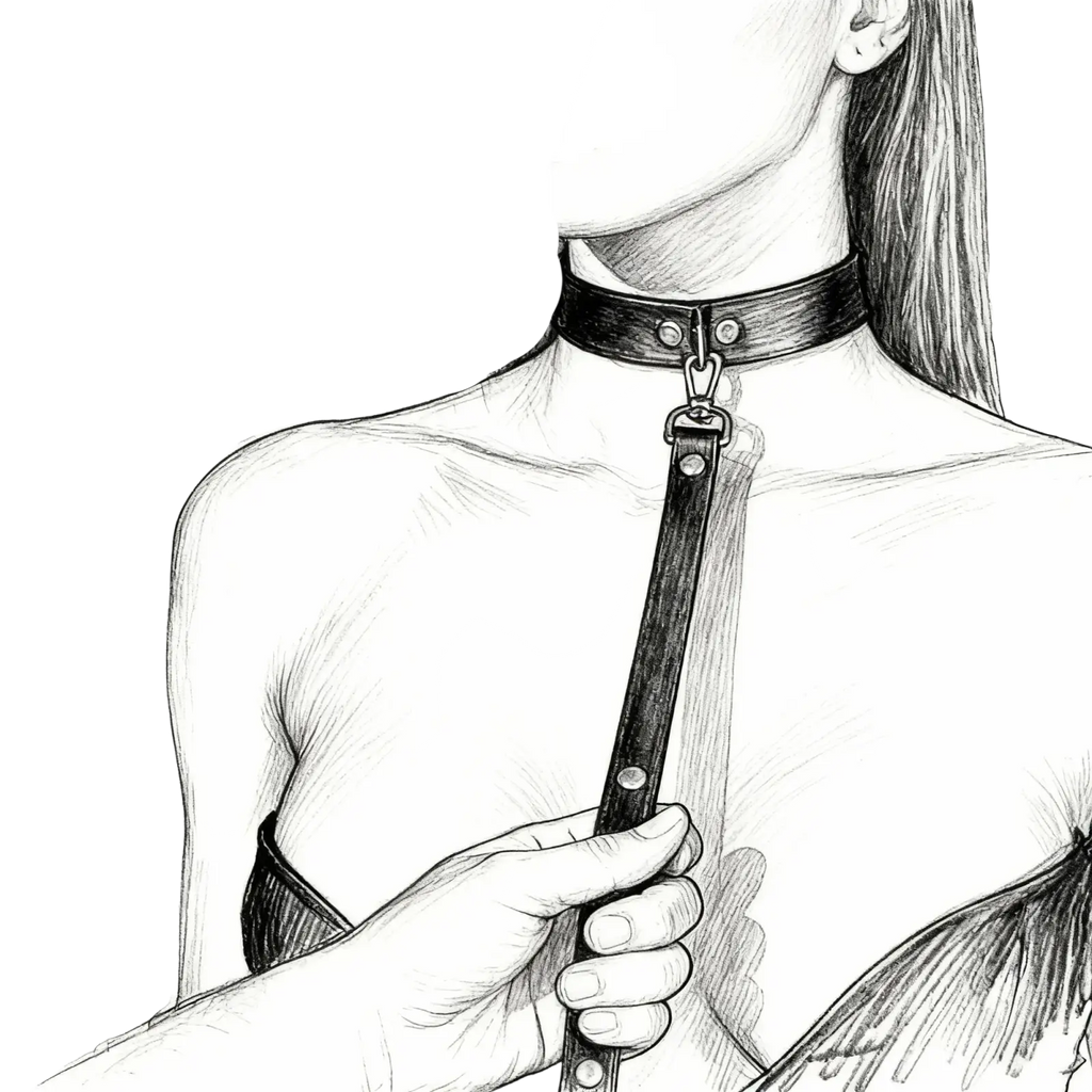 Black leather bondage collar and leash set showing adjustable strap and metal clasp detail