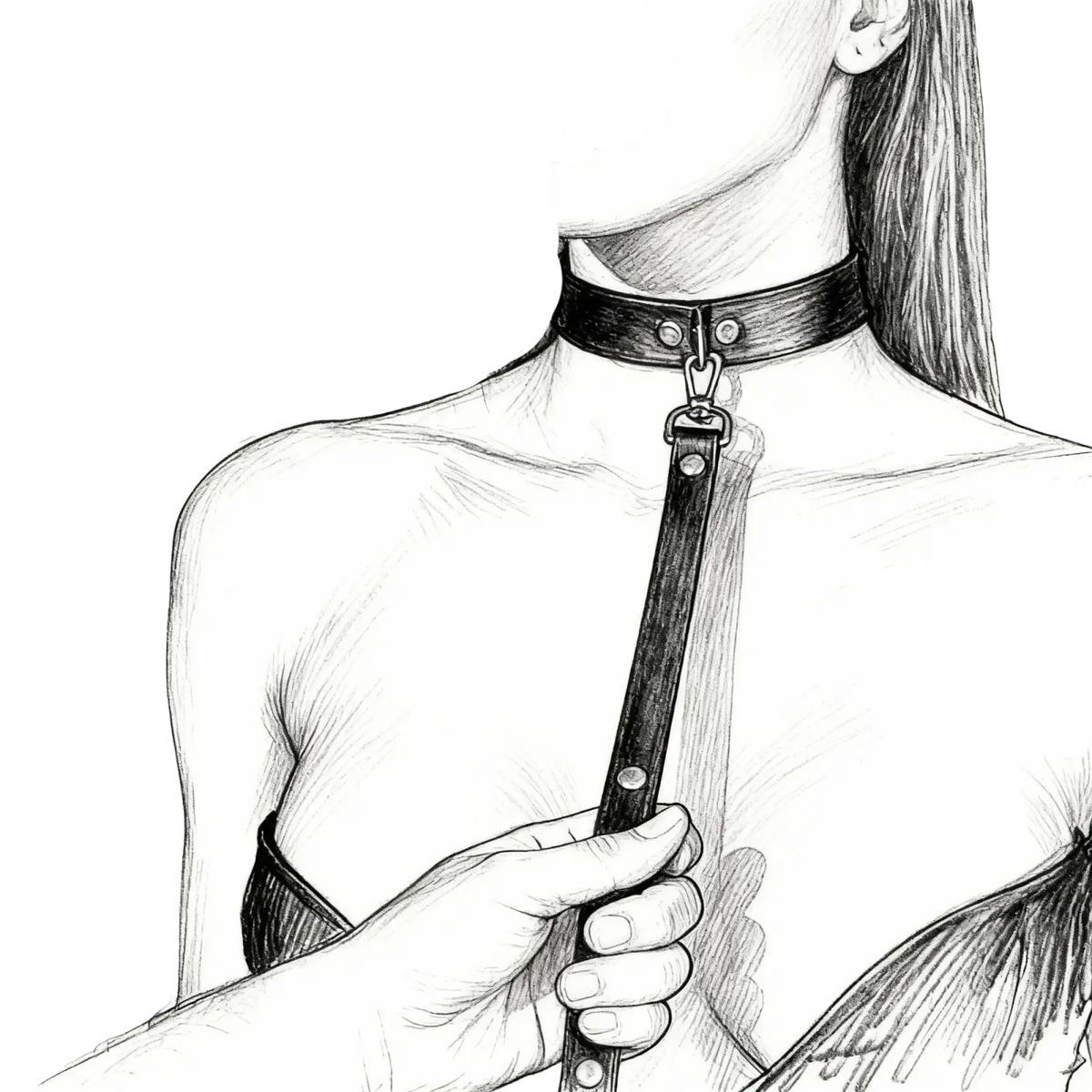 Black leather bondage collar and leash set showing adjustable strap and metal clasp detail