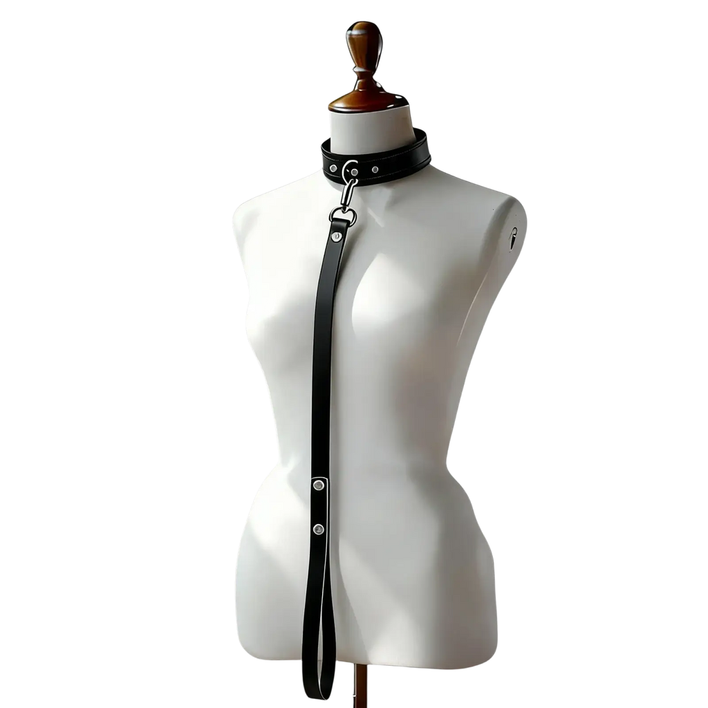 Black leather bondage collar and leash set with adjustable strap and silver-toned metal hardware on mannequin