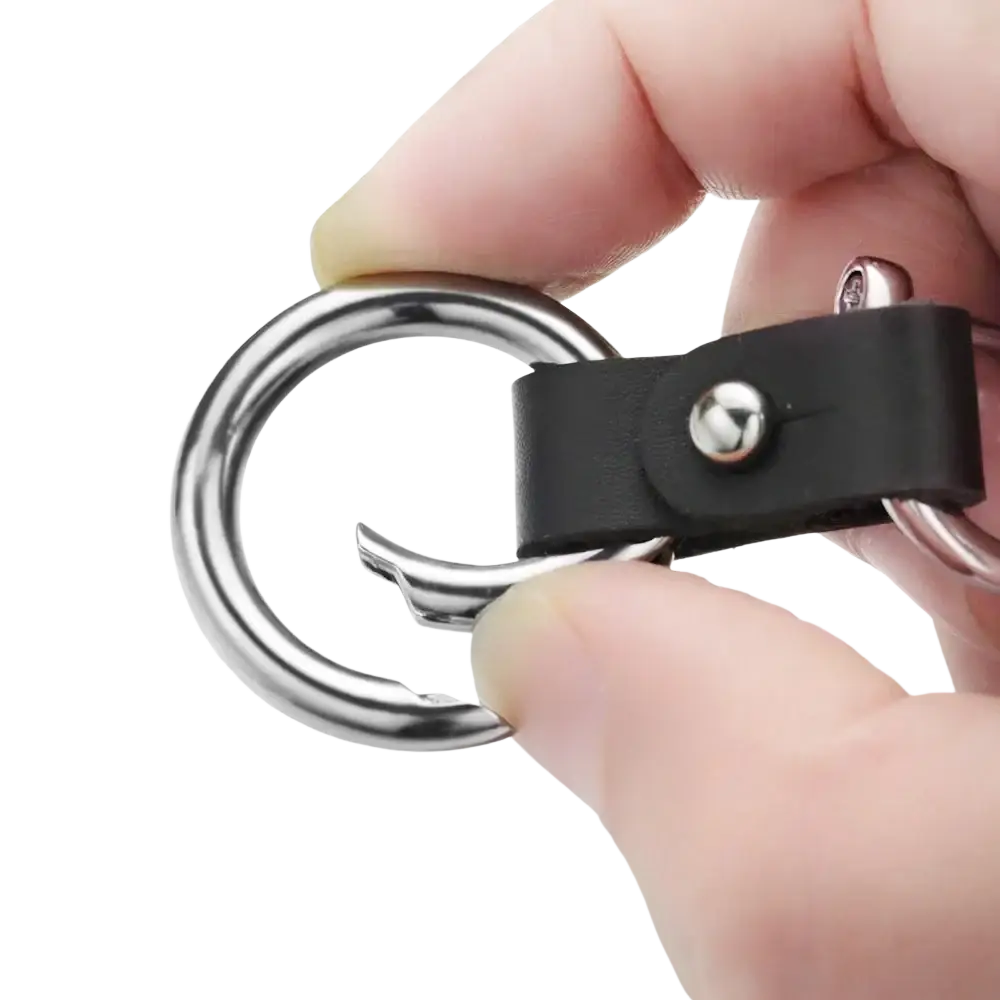 Black leather car keychain with silver metal hook and ring showcasing premium hardware and durable material