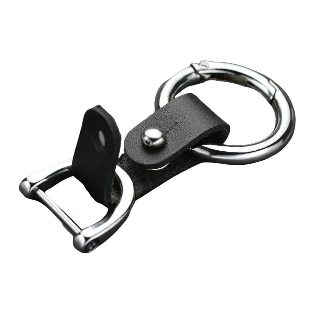 Black leather car keychain with silver-toned metal d-ring and carabiner clip for secure key attachment
