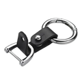 Black leather car keychain with silver hardware featuring a d-ring and carabiner clip for secure key attachment