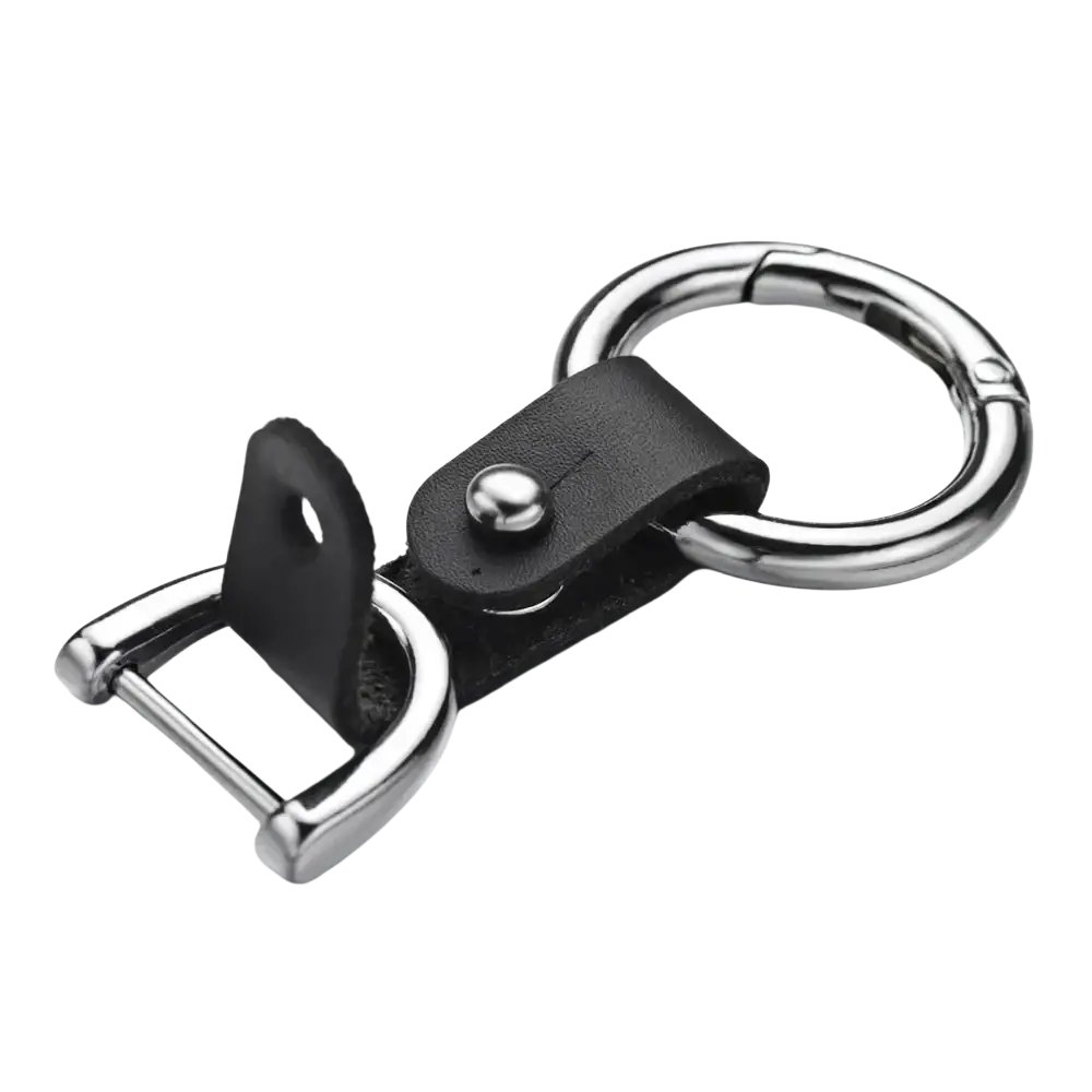 Black leather car keychain with silver hardware featuring a d-ring and carabiner clip for secure key attachment