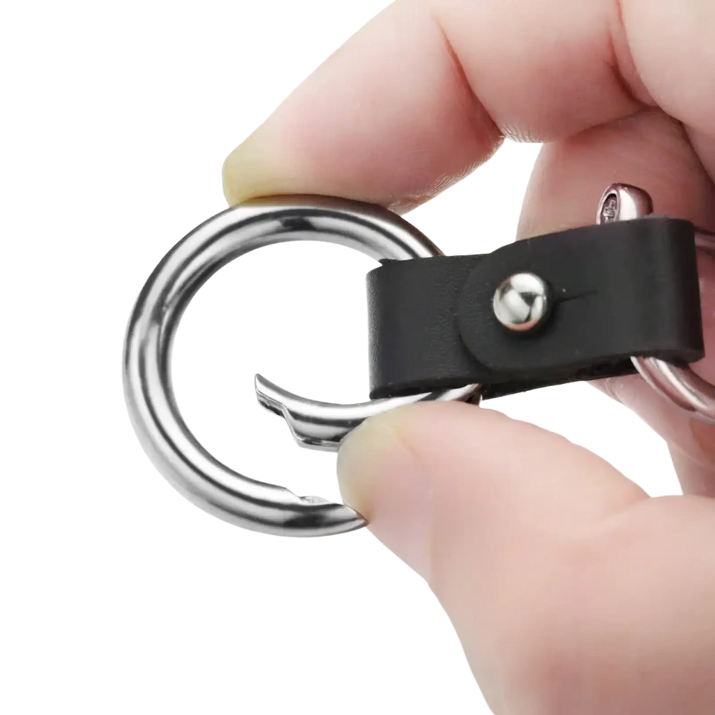 Black leather car keychain with silver metal hook and ring showcasing premium hardware and durable material