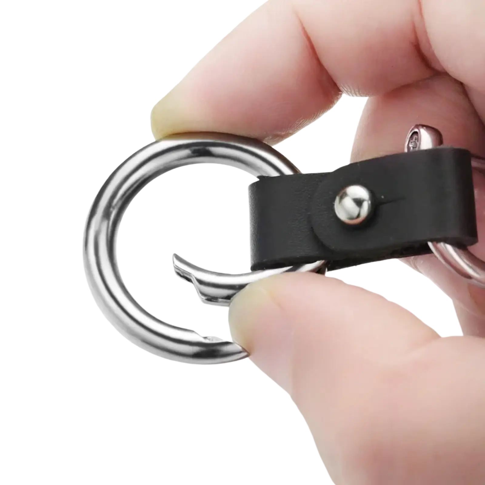 Black leather car keychain with silver metal hook and ring showcasing premium hardware and durable material