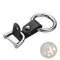 Black leather car keychain with silver hardware featuring a d-ring and carabiner clip for secure key attachment