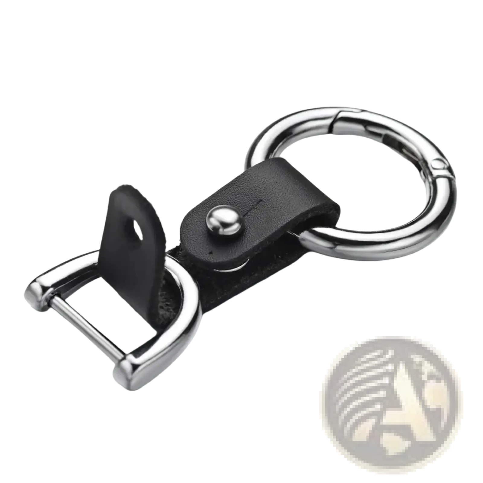 Black leather car keychain with silver hardware featuring a d-ring and carabiner clip for secure key attachment