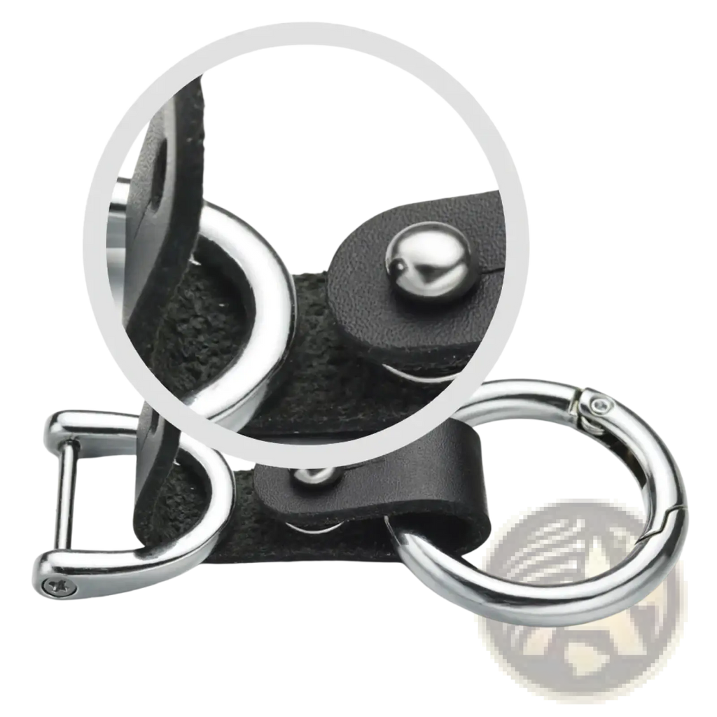 Black leather car keychain with silver hardware featuring a durable carabiner clip for secure attachment