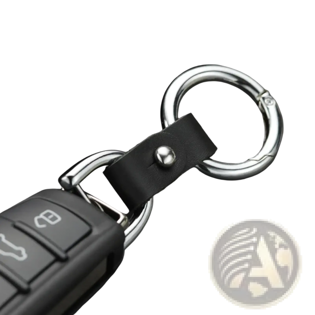 Black leather car keychain with silver hardware featuring metal rings and a snap closure for secure use