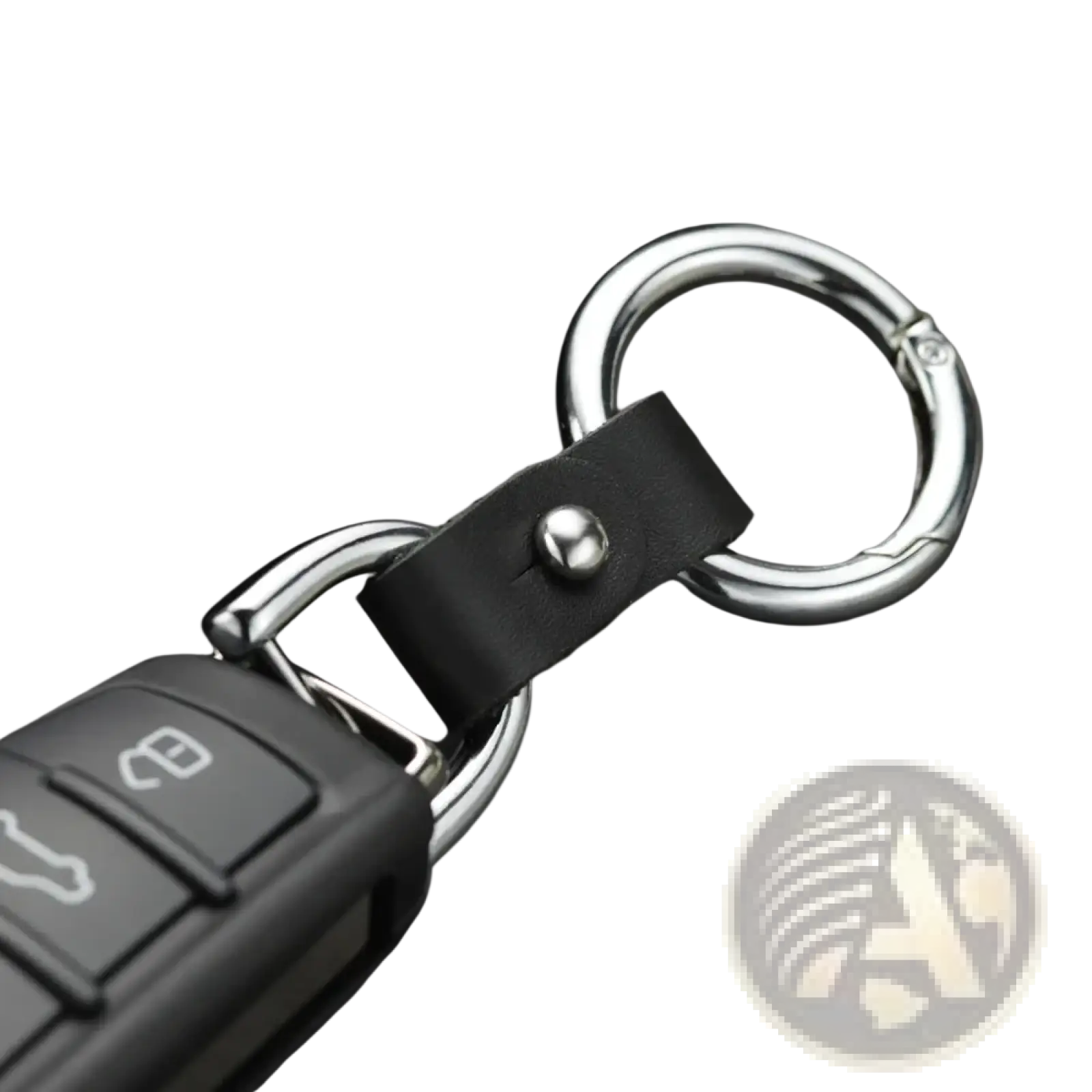 Black leather car keychain with silver hardware featuring metal rings and a snap closure for secure use