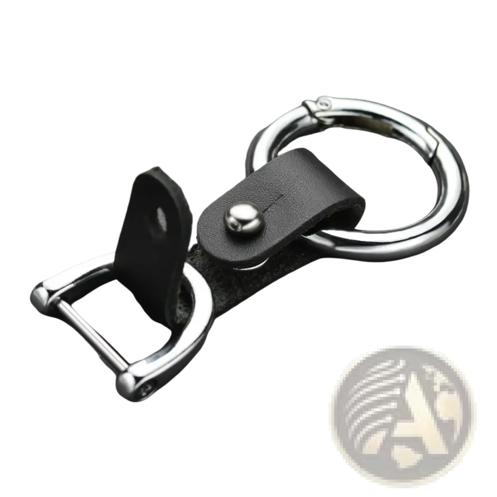 Black leather car keychain with silver-toned metal d-ring and carabiner clip for secure key attachment