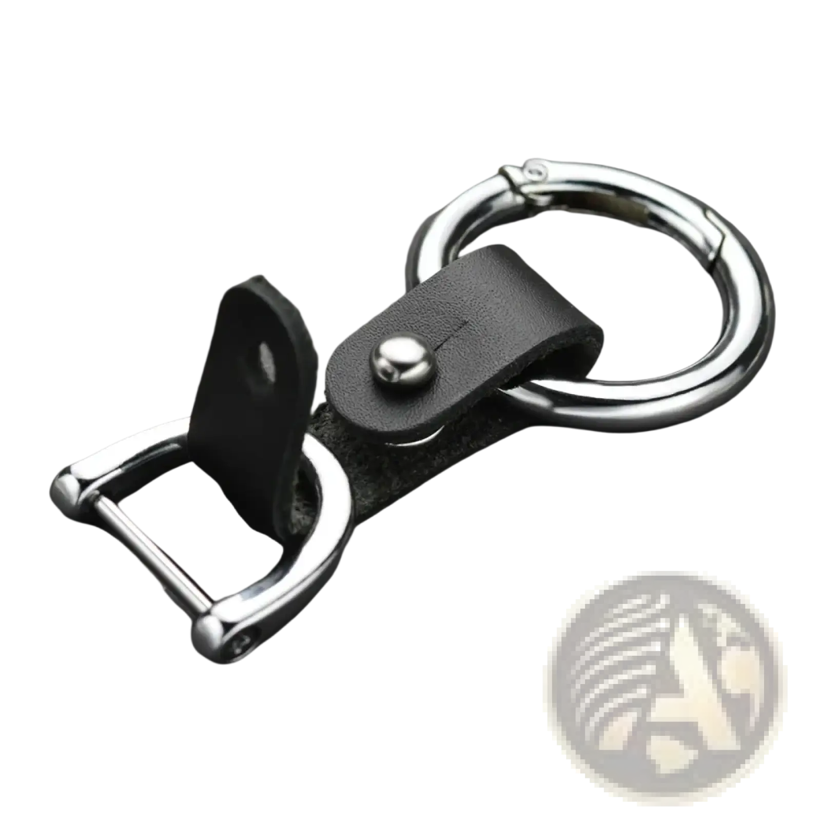 Black leather car keychain with silver-toned metal d-ring and carabiner clip for secure key attachment