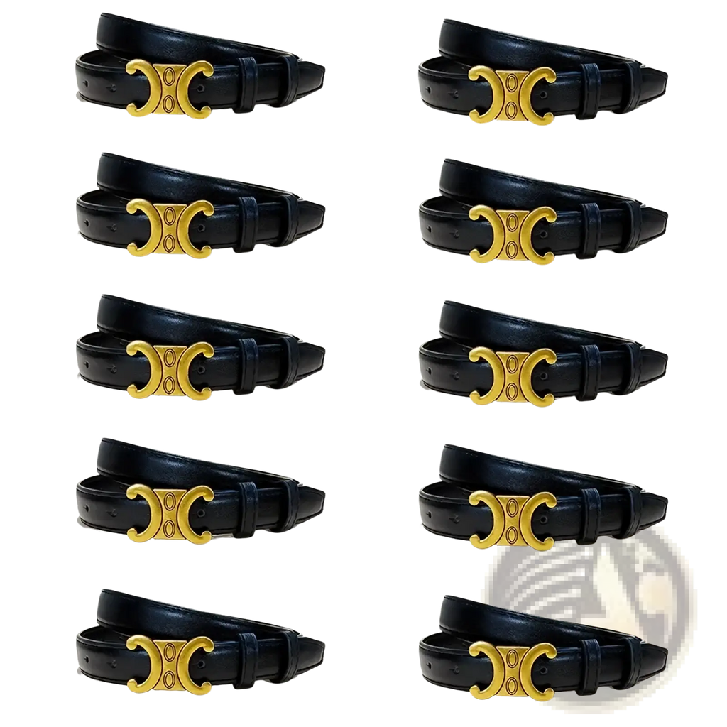 Black leather designer dress belts featuring gold-tone c-shaped buckles for elegant formal wear