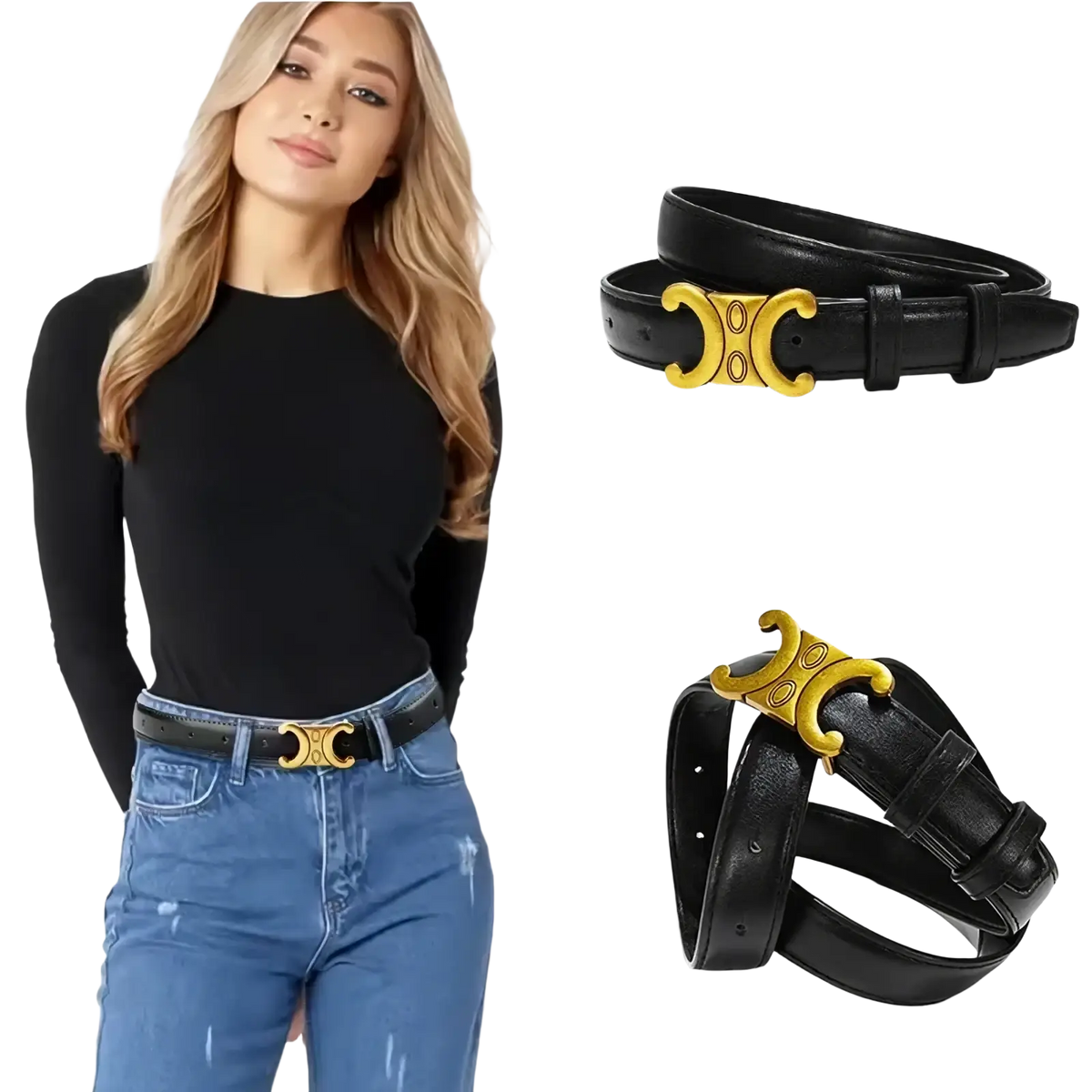 Black leather designer dress belt with gold c buckle featuring two circular cutouts made of black leather