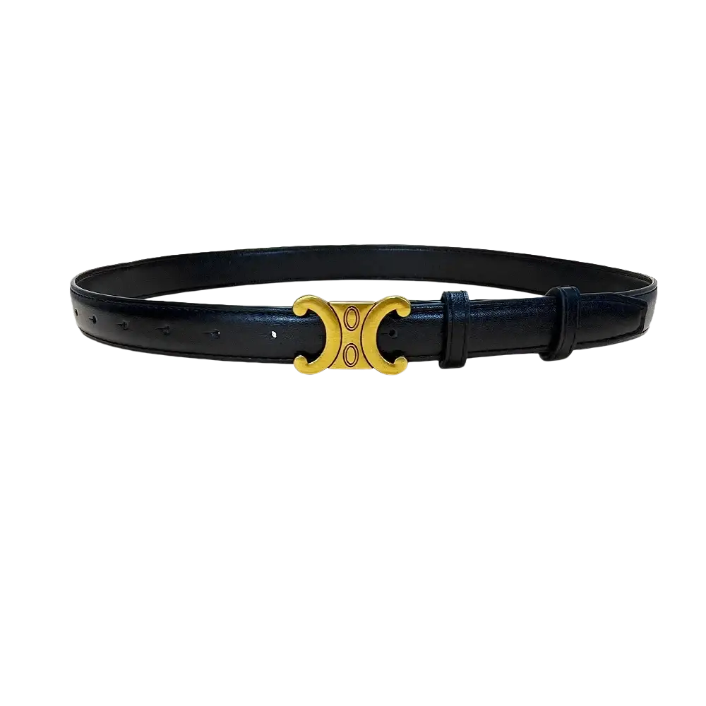 Black leather designer dress belt with a gold-tone c-shaped buckle for elegant formal wear