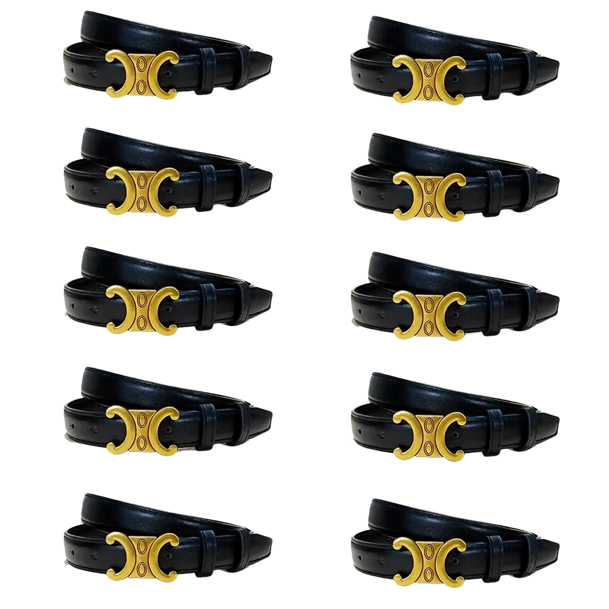 Black leather designer dress belts featuring gold-tone c-shaped buckles for elegant formal wear