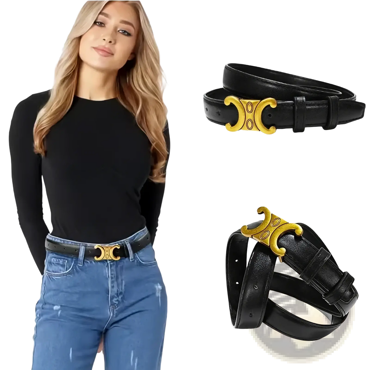 Black leather designer dress belt with gold c-shaped buckle featuring embossed logo