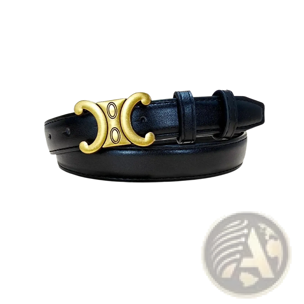 Black leather designer dress belt with gold-tone c-shaped buckle featuring two circular cutouts