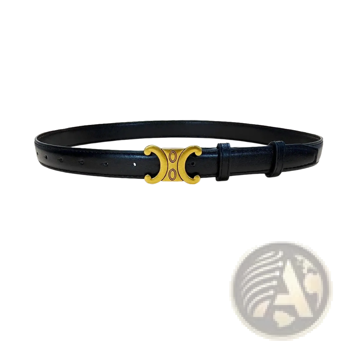 Black leather designer dress belt with a gold-tone c-shaped buckle for elegant formal wear